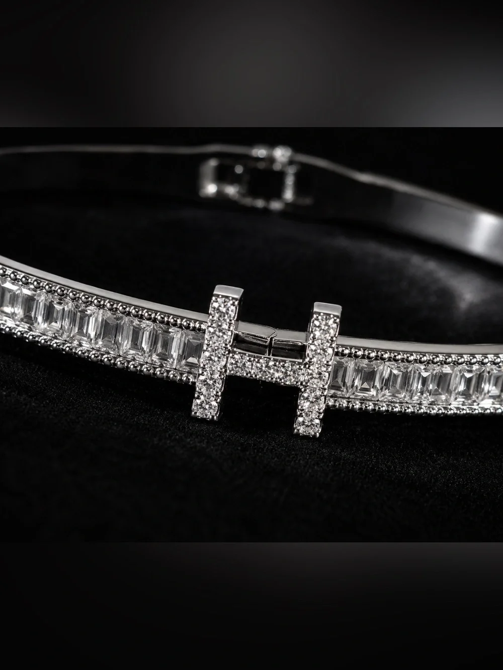 Silver Crystal H Accent Hinged Bangle Bracelet